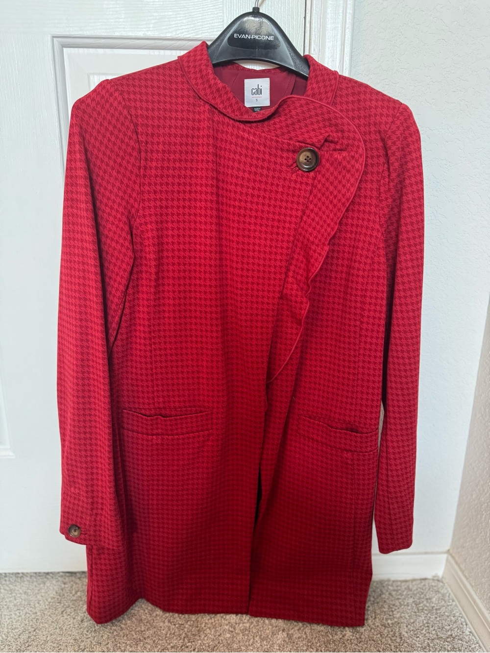 CAbi Red Houndstooth Longline Blazer with Decorative Button